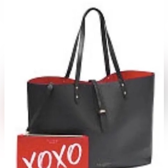 VICTORIA’S SECRET VS Tote Bag Black Faux Pebbled Leather Red Interior Large - Picture 3 of 5